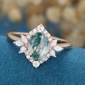 Oval Cut Natural Green Moss Agate Cluster Engagement Ring 