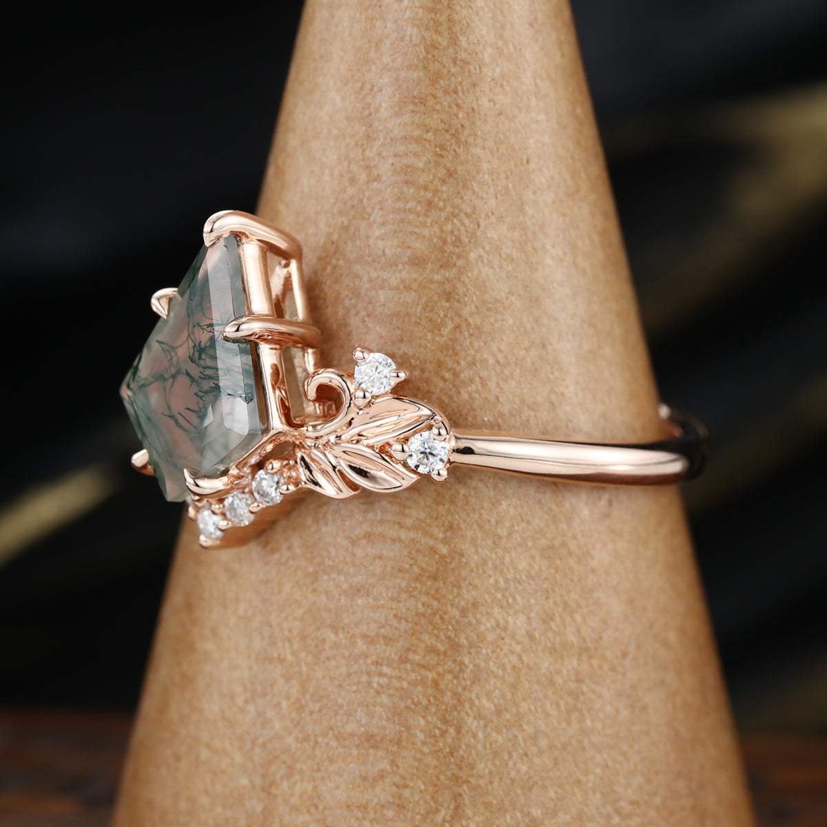 Nature Inspired Kite cut Moss Agate Leaf Gold Engagement Ring