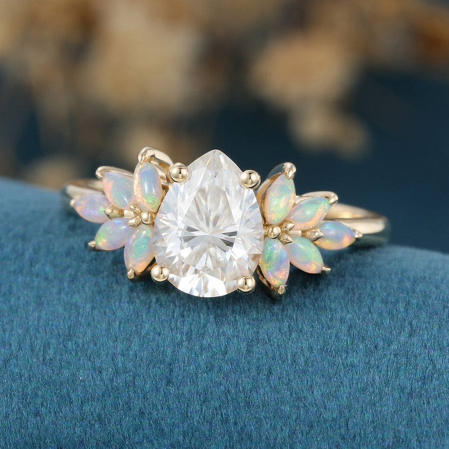 Pear cut Moissanite Cluster Opal Engagement ring