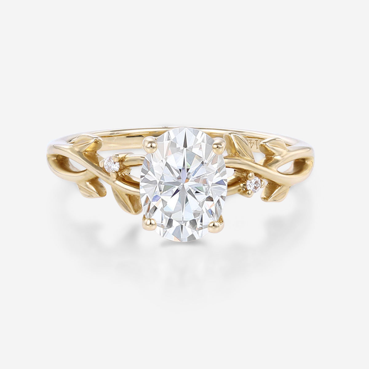 Nature Inspired Oval cut Moissanite Leaf Gold Engagement Ring