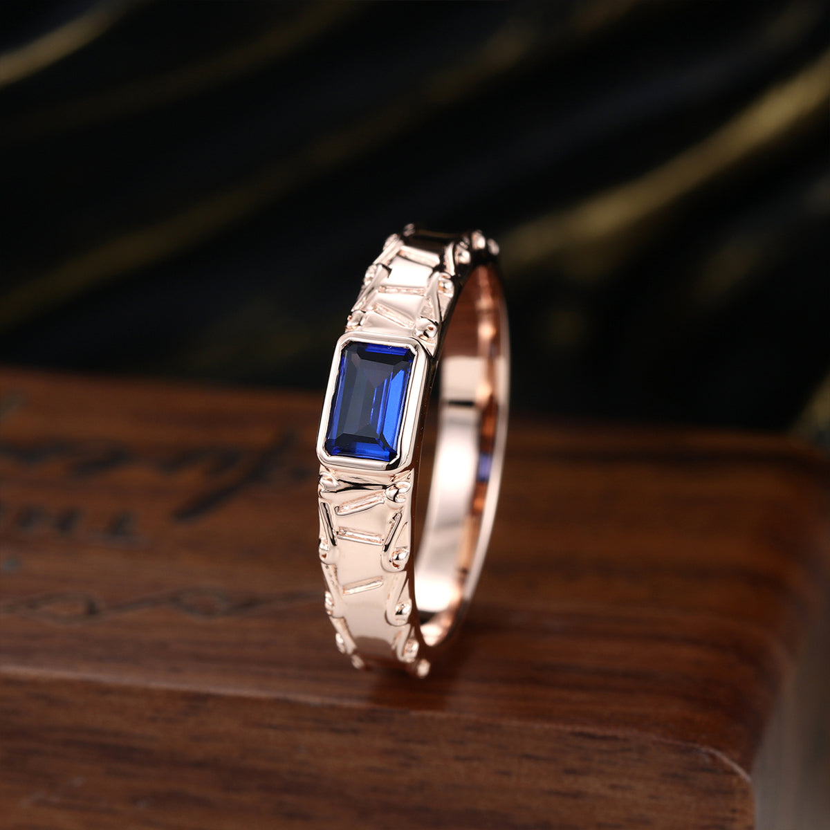 Unique Emerald cut Lab Sapphire Mens Wedding Band Promise Rings For Men