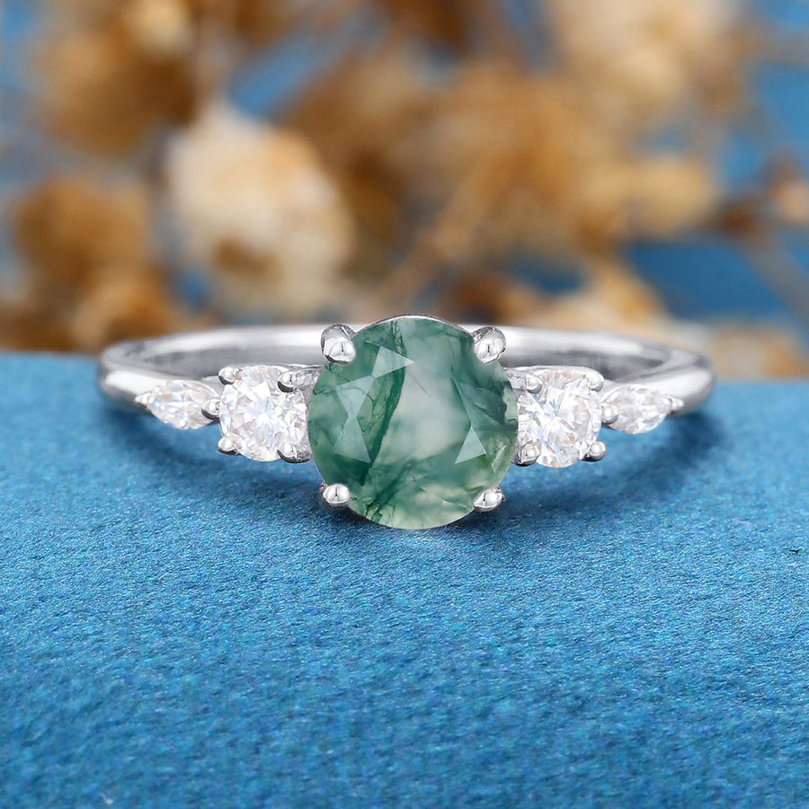 Round Cut Natural Green Moss Agate Cluster Engagement Ring