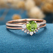 Round cut Olivine Cluster Engagement ring Bridal Set 