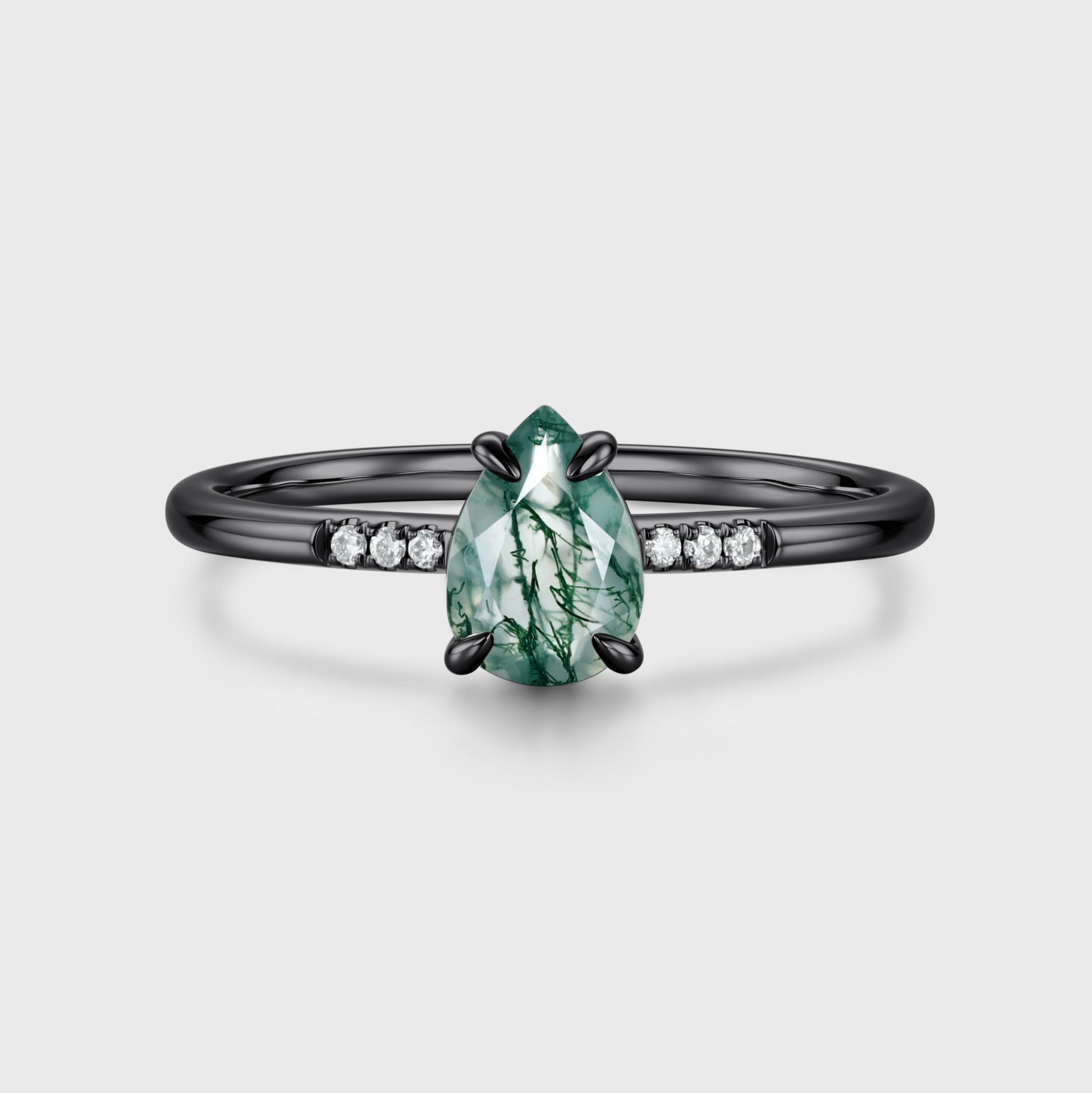 Natural Green Moss Agate pear cut cluster Engagement Ring