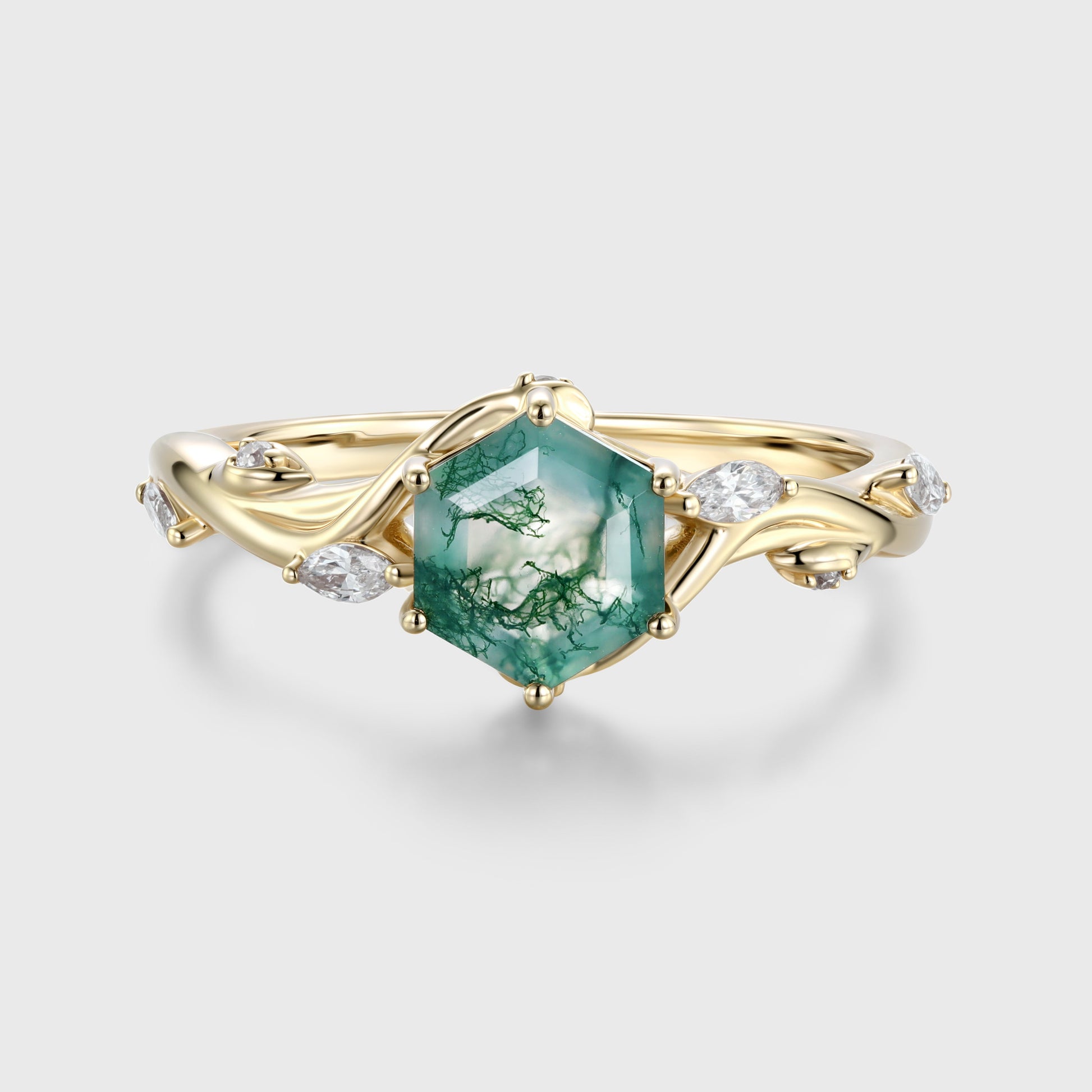 Inspired Hexagon Cut Natural Green Moss Agate  Engagement Ring