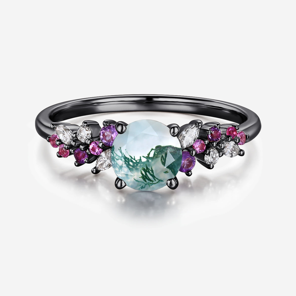 Round cut Moss Agate Leaf Gold Engagement Ring