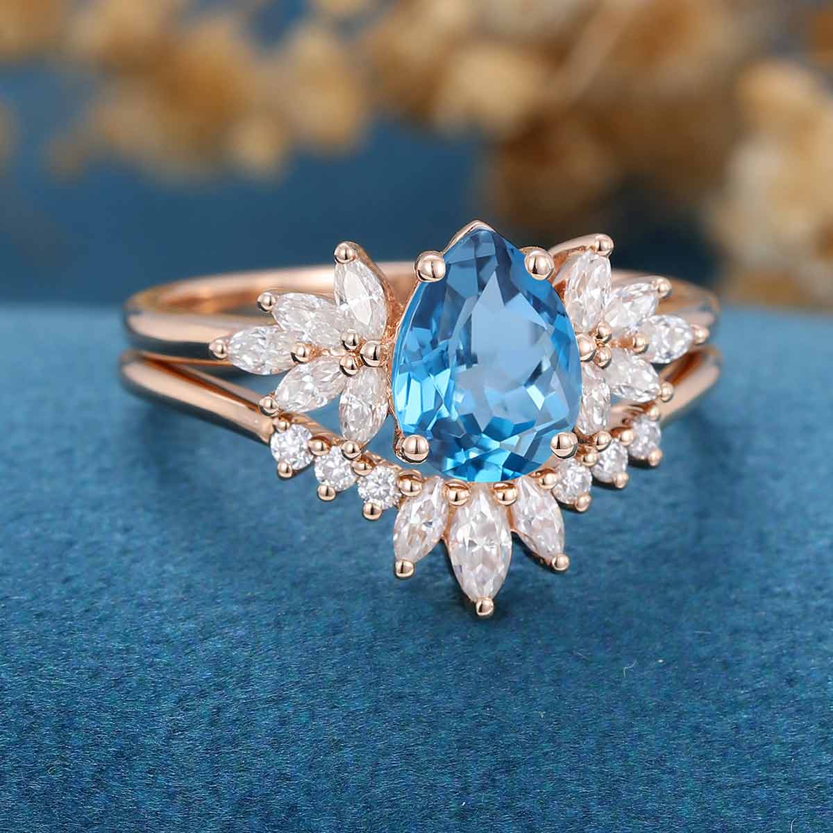 Pear cut London Blue Topaz Cluster Engagement ring Bridal Set 