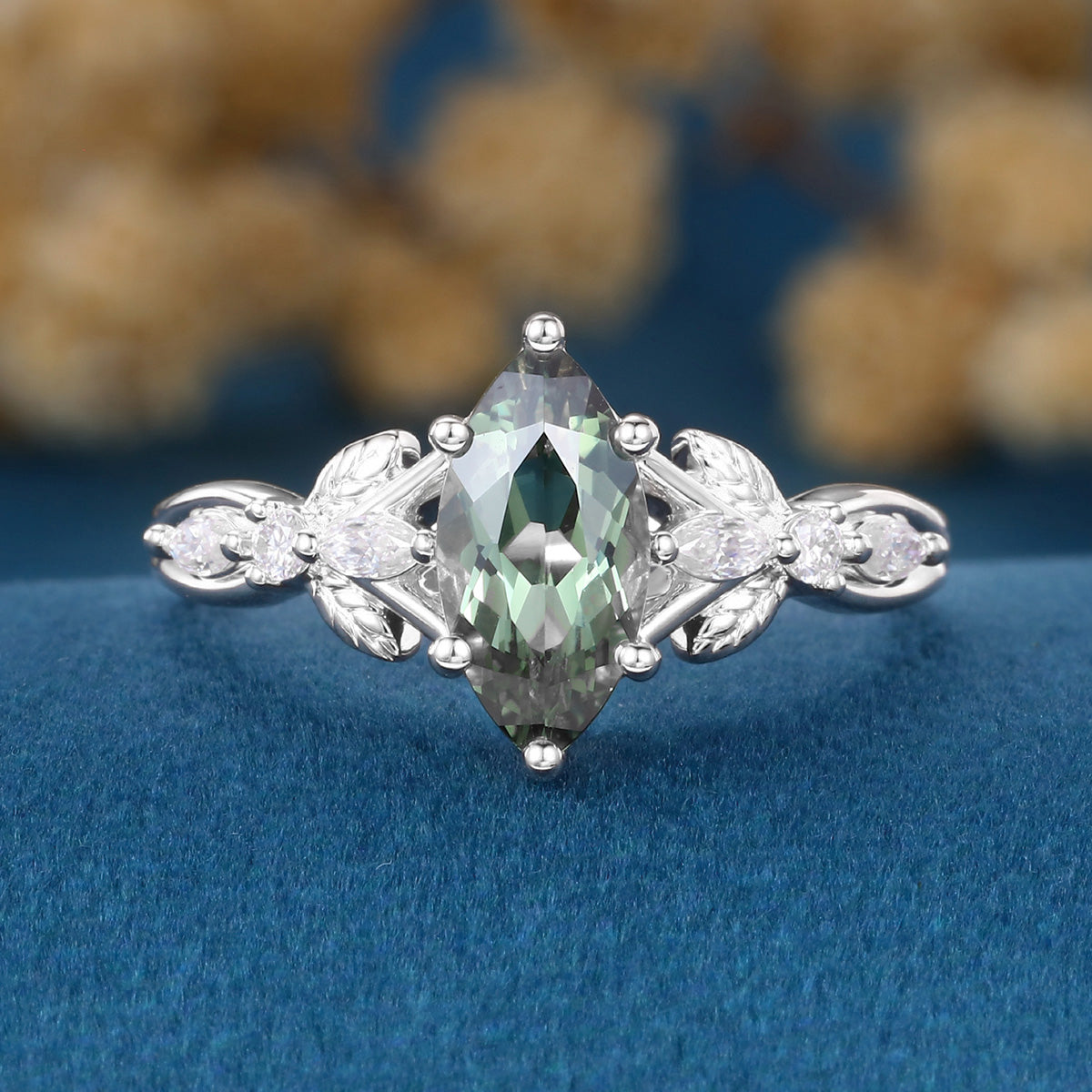 Marquise cut Lab Blue Green Sapphire Engagement Ring