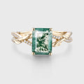 Nature Inspired Emerald cut Moss Agate Leaf Gold Engagement Ring