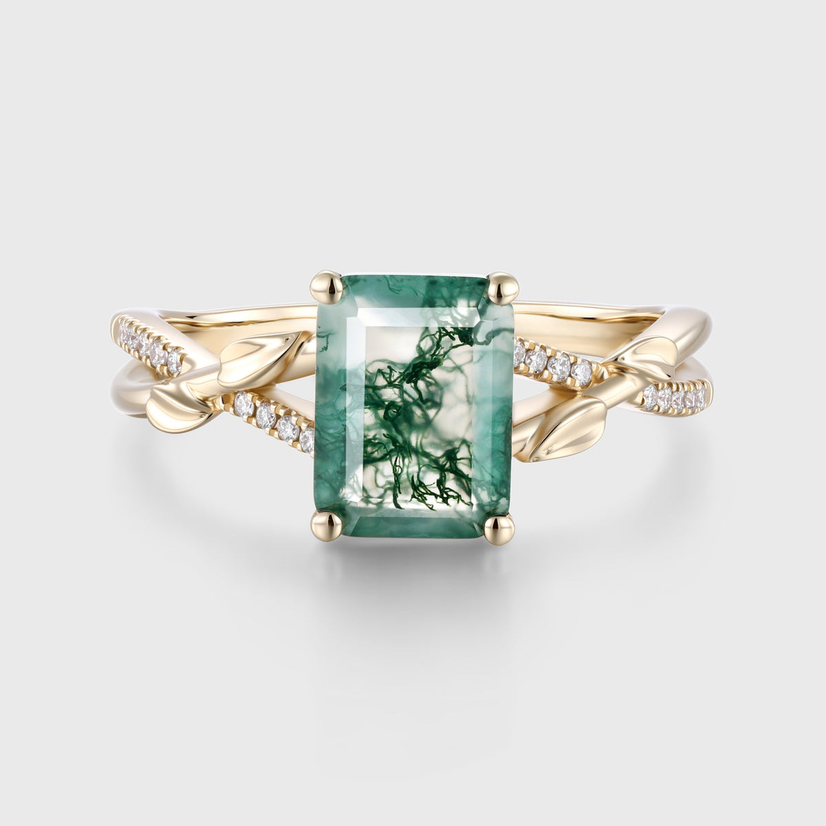 Nature Inspired Emerald cut Moss Agate Leaf Gold Engagement Ring