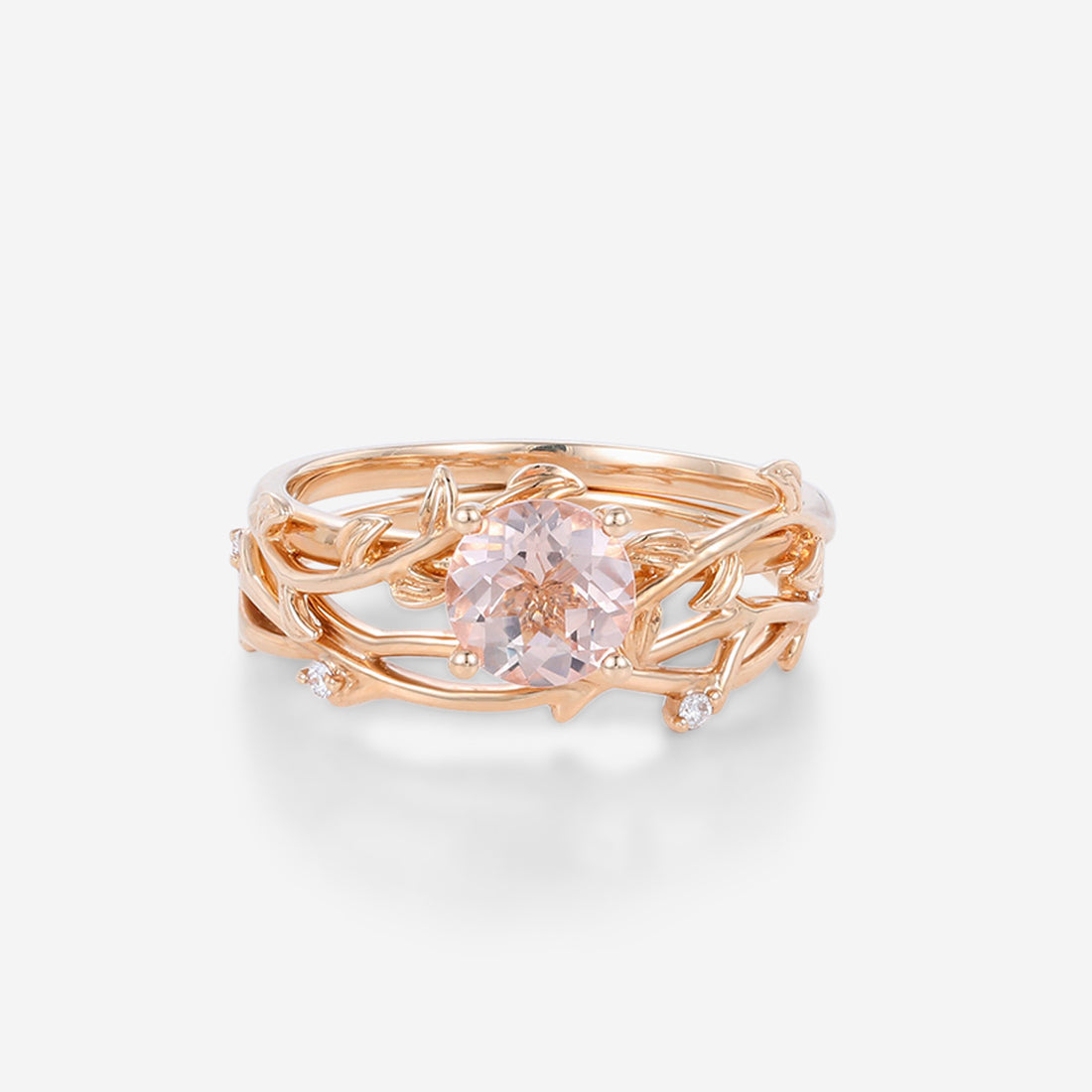 Nature Inspired Round cut Morganite Leaf Gold ring set