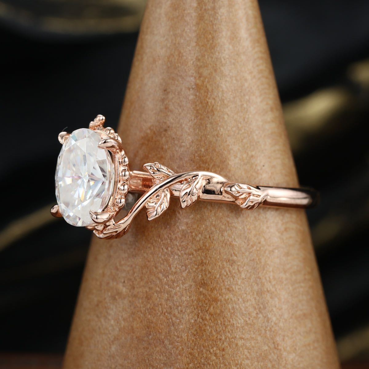 Nature Inspired Oval cut Moissanite Leaf Gold Engagement Ring