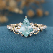 Kite Cut Natural Green Moss Agate Cluster Engagement Ring