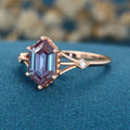 Hexagon cut Lab Alexandrite Solid Gold Engagement Ring