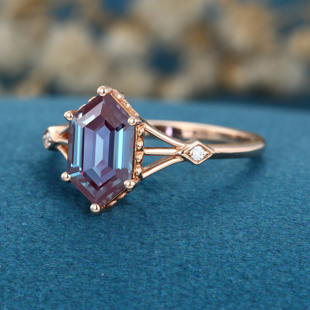 Hexagon cut Lab Alexandrite Solid Gold Engagement Ring