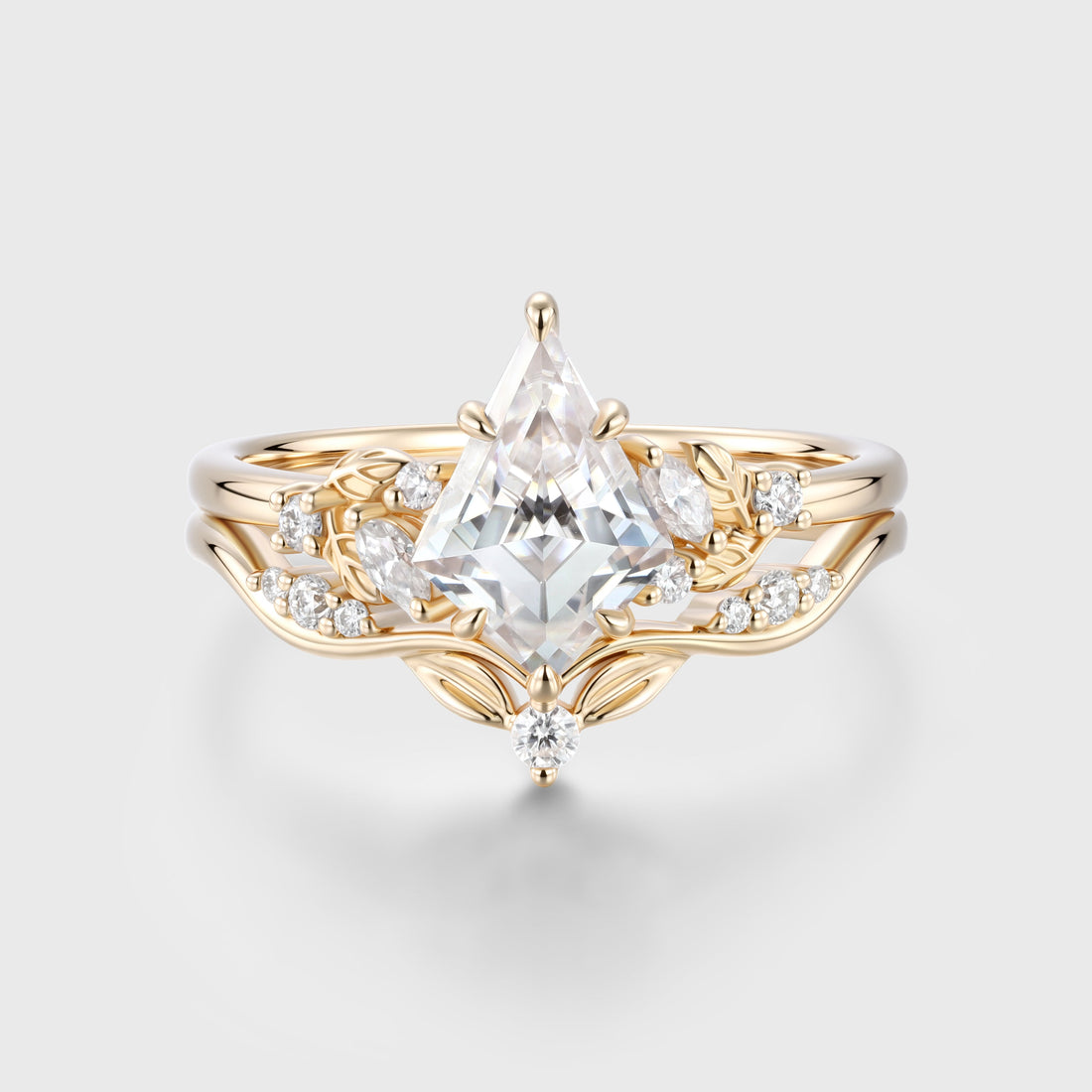 Kite cut Moissanite Leaf Vine Split Shank Bridal Set