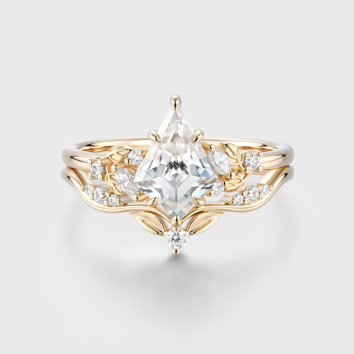 Kite cut Moissanite Leaf Vine Split Shank Bridal Set