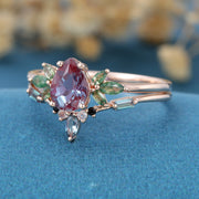 Pear cut Alexandrite Cluster Engagement Ring Set