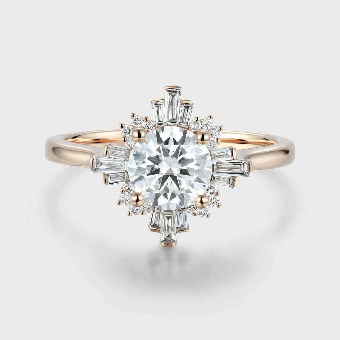 Round cut Moissanite Halo Baguette Engagement Ring