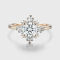 Round cut Moissanite Halo Baguette Engagement Ring