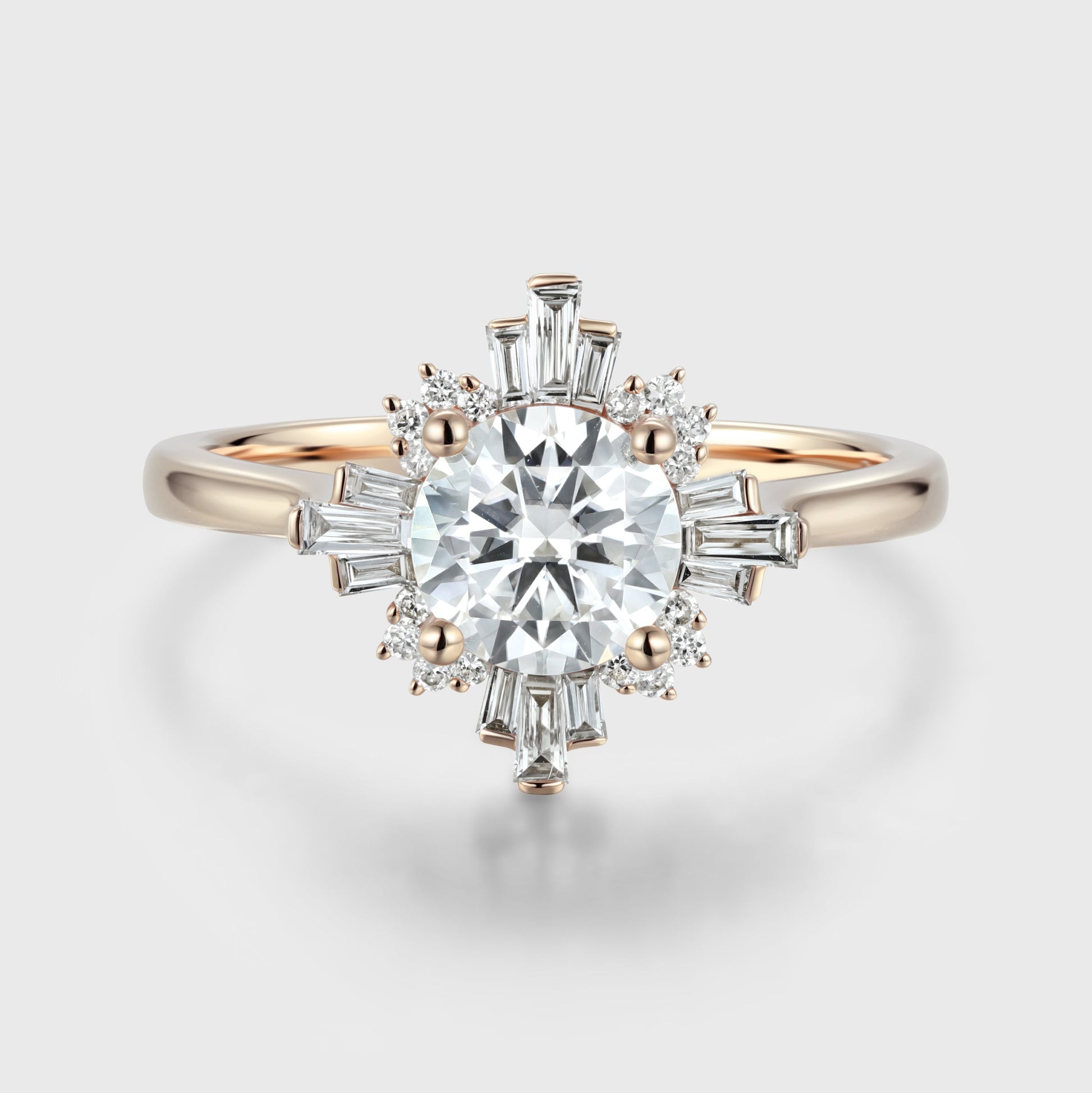 Round cut Moissanite Halo Baguette Engagement Ring
