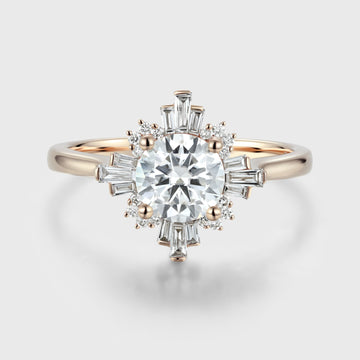 Round cut Moissanite Halo Baguette Engagement Ring
