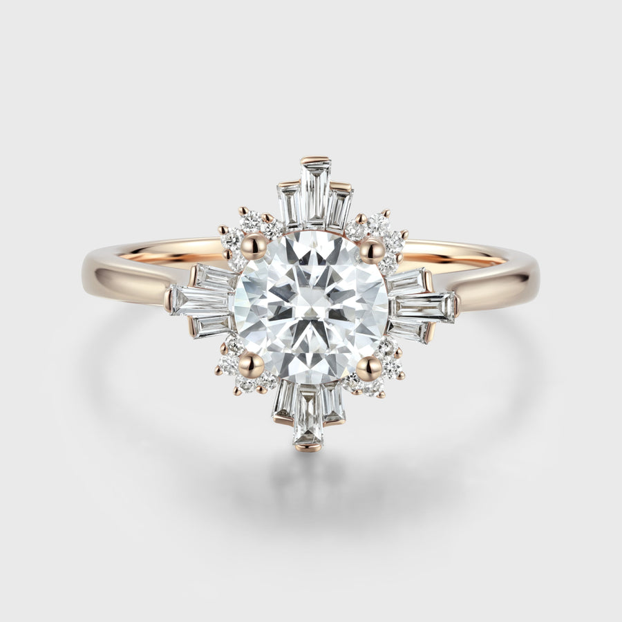 Round cut Moissanite Halo Baguette Engagement Ring
