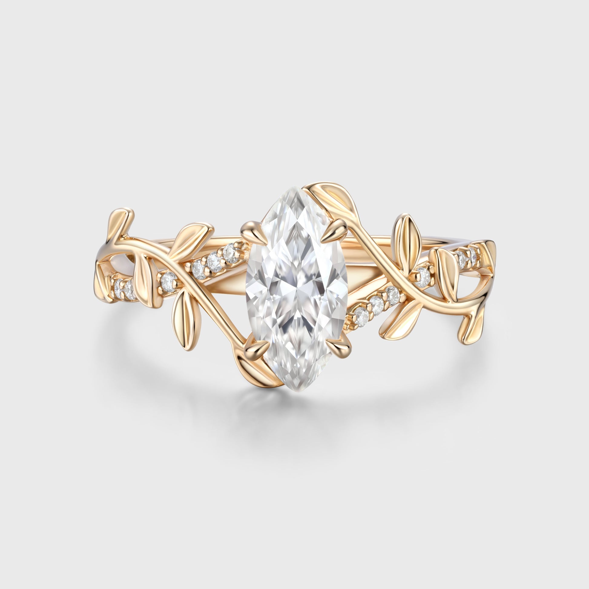 Nature Inspired Marquise cut Moissanite Leaf Gold Engagement Ring