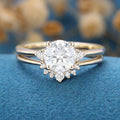 6.5mm 1 Carat Round Moissanite Cluster Engagement ring Bridal Set