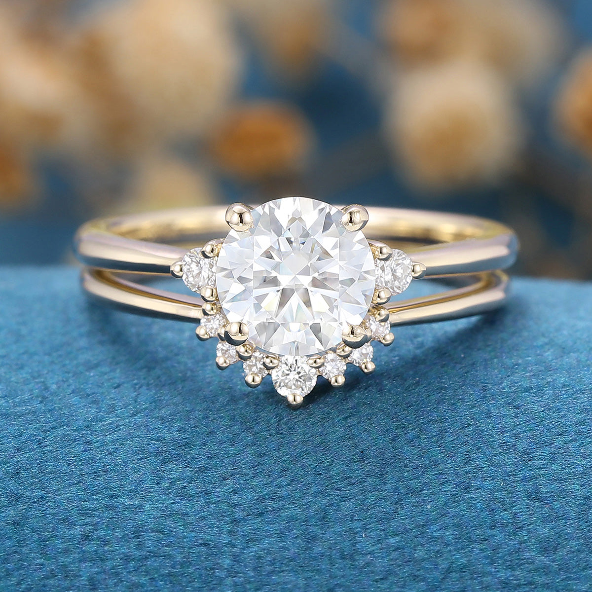 6.5mm 1 Carat Round Moissanite Cluster Engagement ring Bridal Set