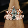 Kite Green Moss Agate & Whiskey Barrel Couples Ring Set- His and Hers Wedding Band Rose Gold Matching Promise Rings