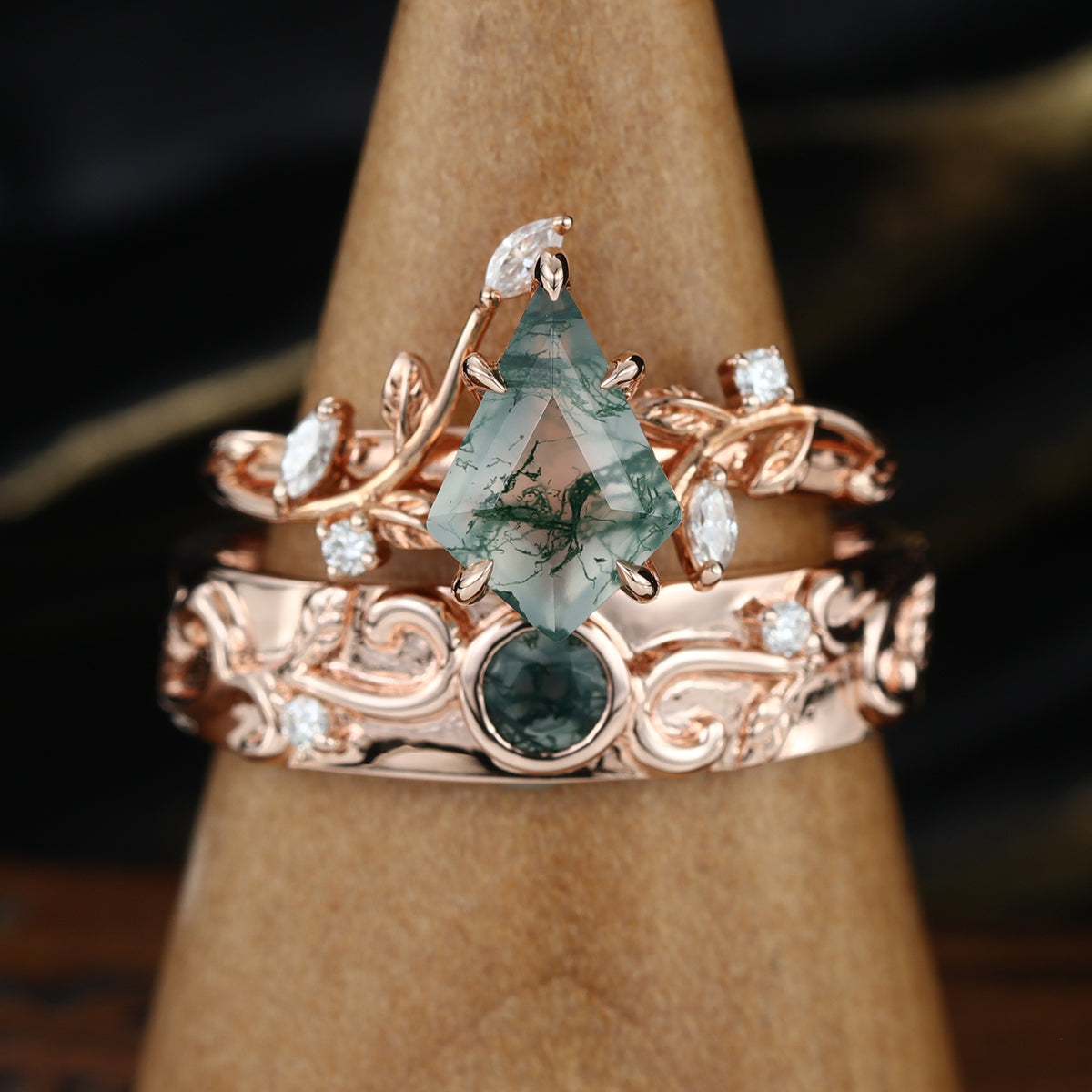 Kite Green Moss Agate & Whiskey Barrel Couples Ring Set- His and Hers Wedding Band Rose Gold Matching Promise Rings