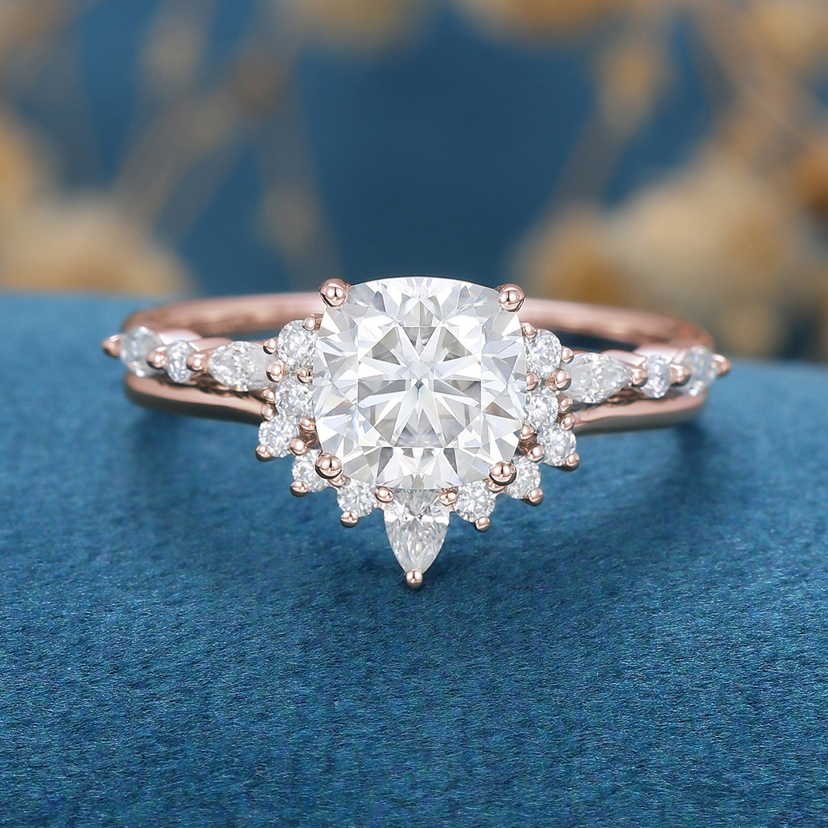 Handmade Carat Cushion cut Moissanite Halo Engagement Ring