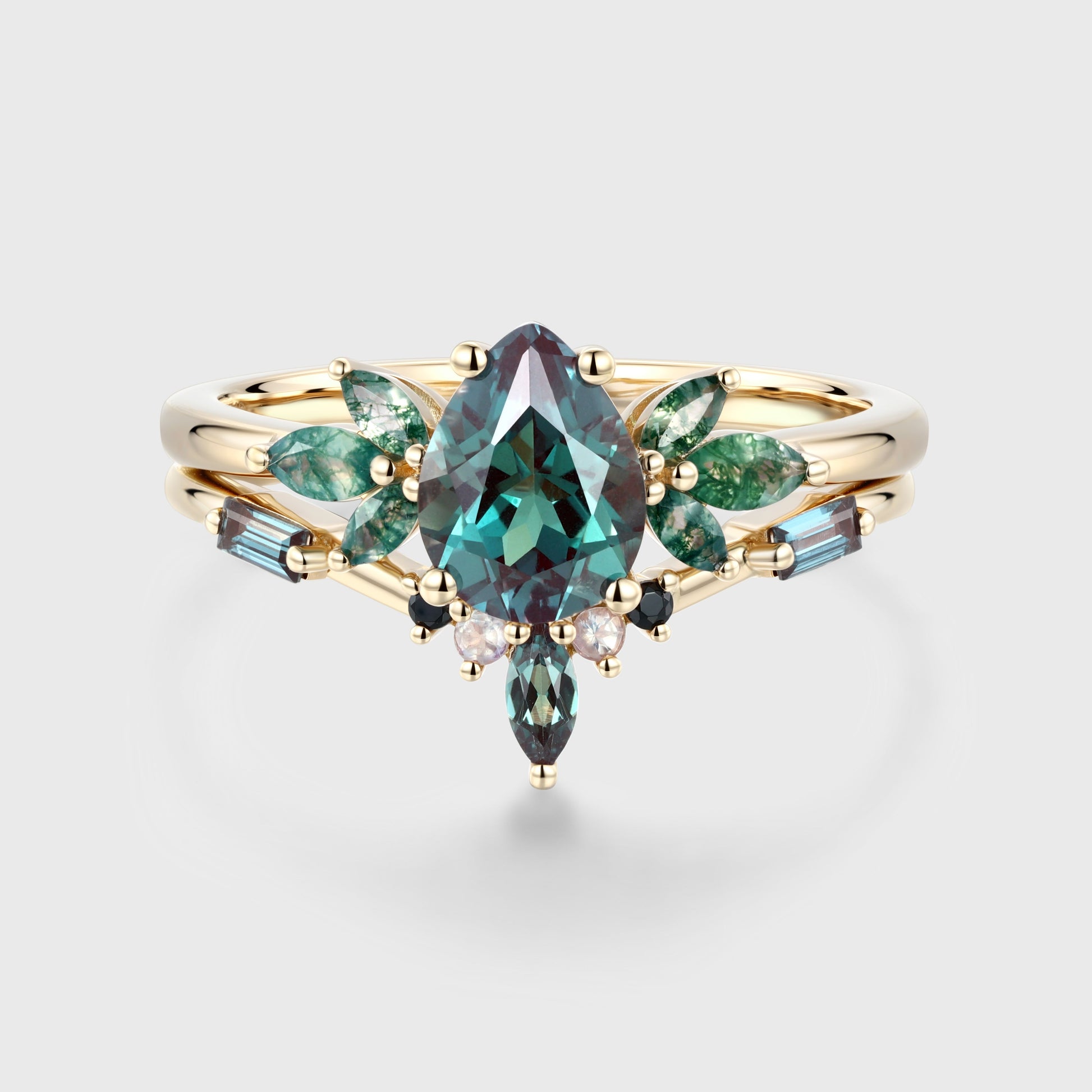 Pear cut Alexandrite Cluster Engagement Ring Set