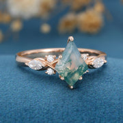 Kite Cut Natural Green Moss Agate Cluster Engagement Ring 