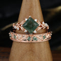 Forever Glow Moss Agate Couple Rings | Rose Gold Leaf Wedding Bridal Set