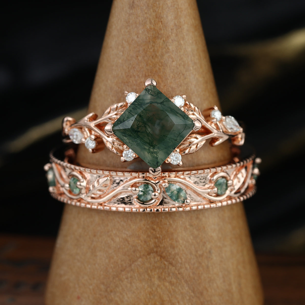 Forever Glow Moss Agate Couple Rings | Rose Gold Leaf Wedding Bridal Set