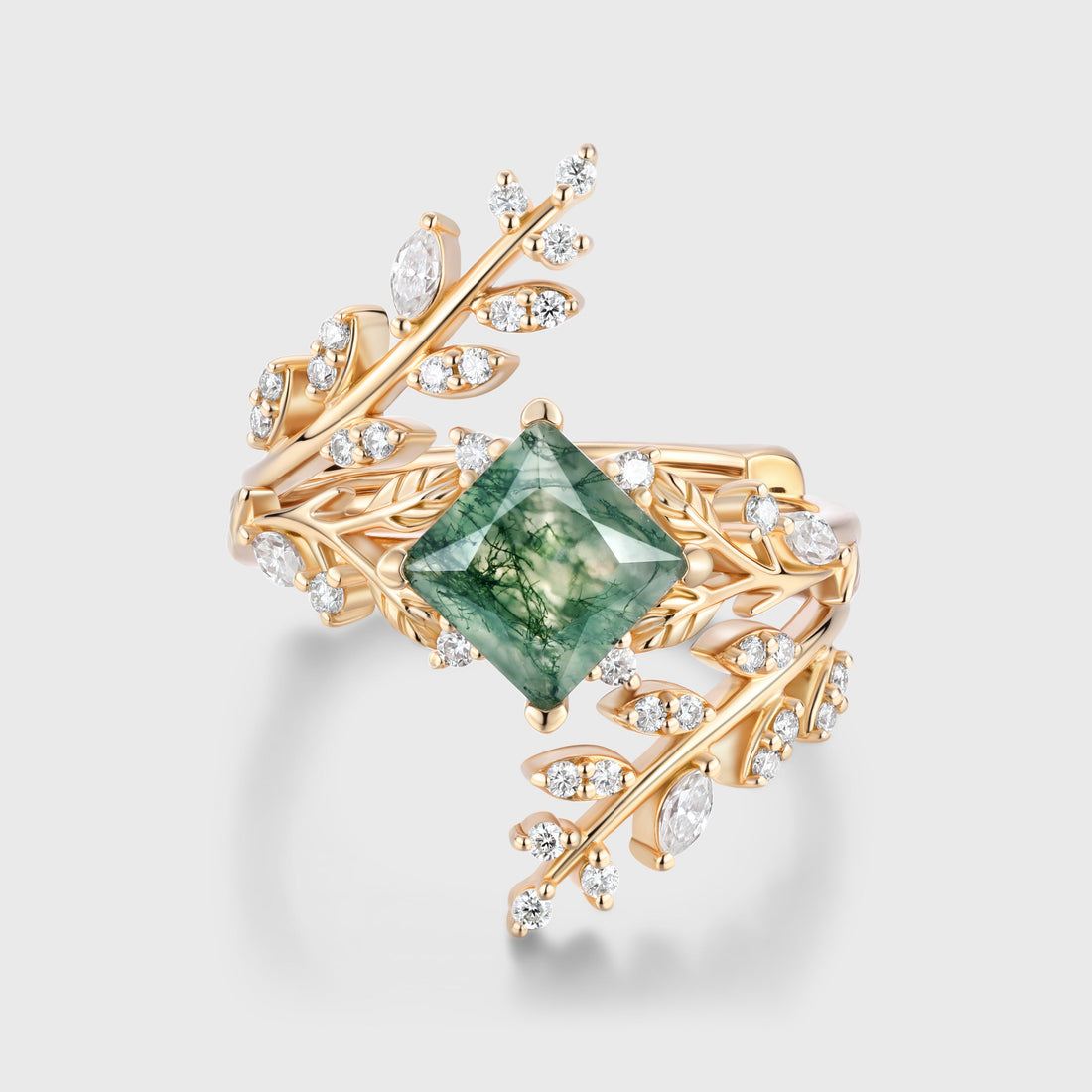 Princess cut Moss Agate Side Stone Wedding Bridal Set