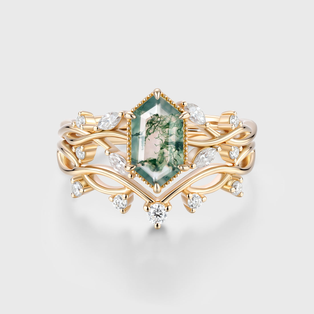 Hexagon cut Moss Agate Side Stone Bridal Set