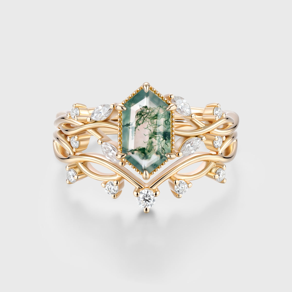 Hexagon cut Moss Agate Side Stone Bridal Set
