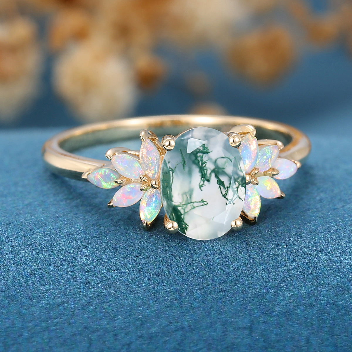 Oval Cut Natural Green Moss Agate Cluster Engagement Ring 