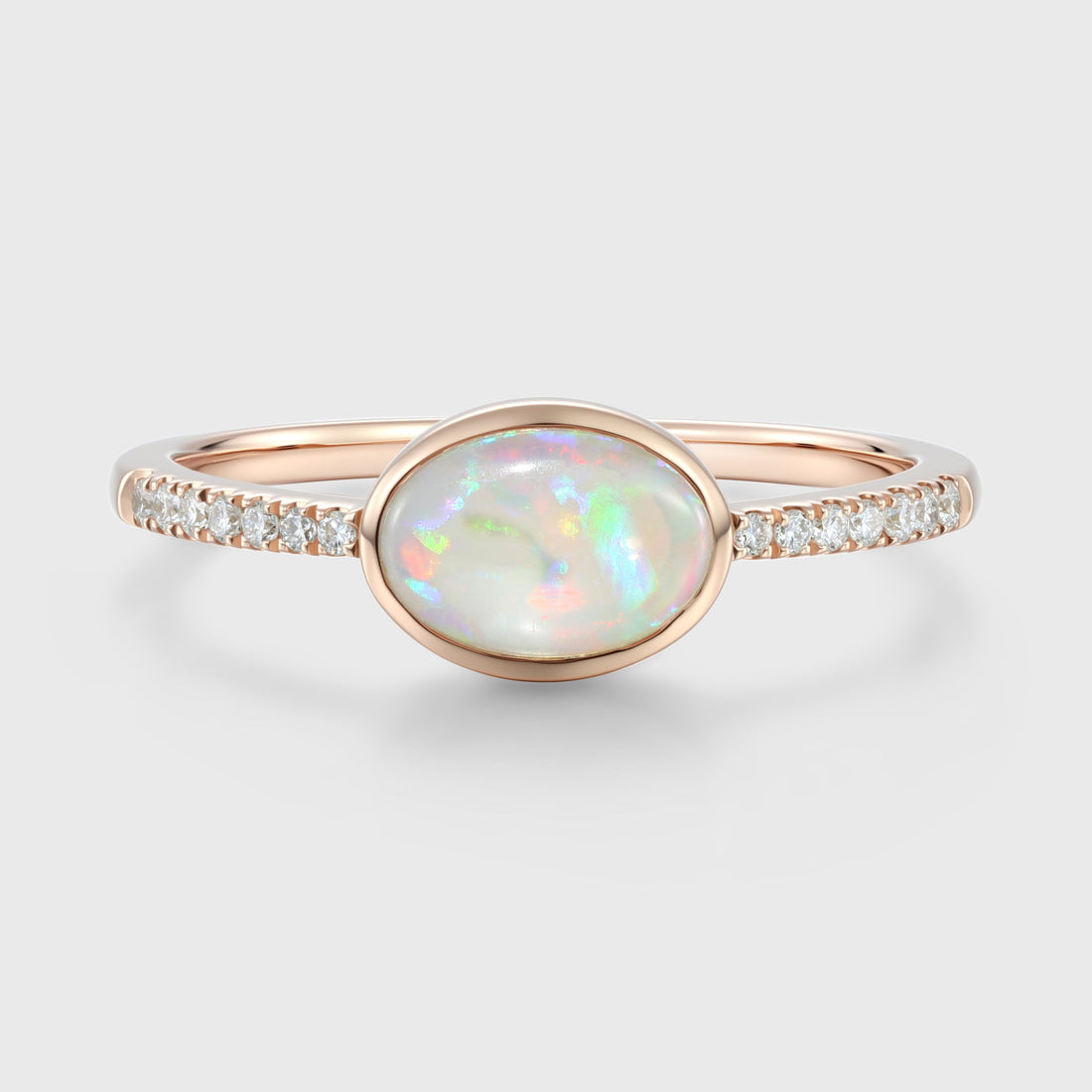 Bezel setting Oval cut Opal Half Eternity Moissanite | Diamonds Gold Engagement Ring