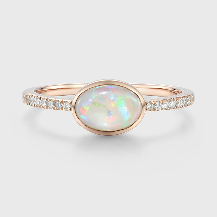 Bezel setting Oval cut Opal Half Eternity Moissanite | Diamonds Gold Engagement Ring