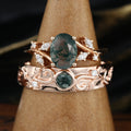 Forever Glow Moss Agate Couple Rings | Rose Gold Leaf Wedding Bridal Set