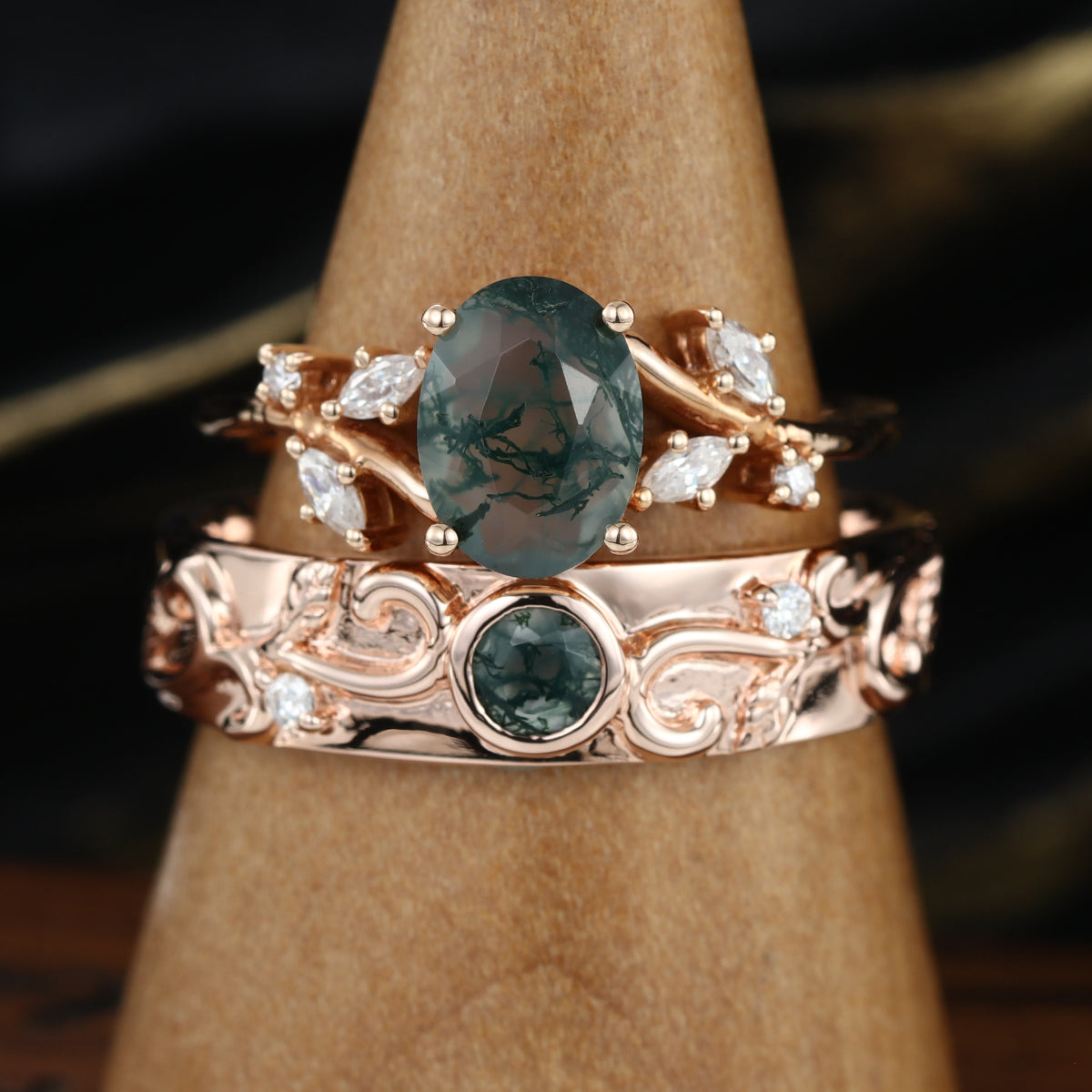 Forever Glow Moss Agate Couple Rings | Rose Gold Leaf Wedding Bridal Set