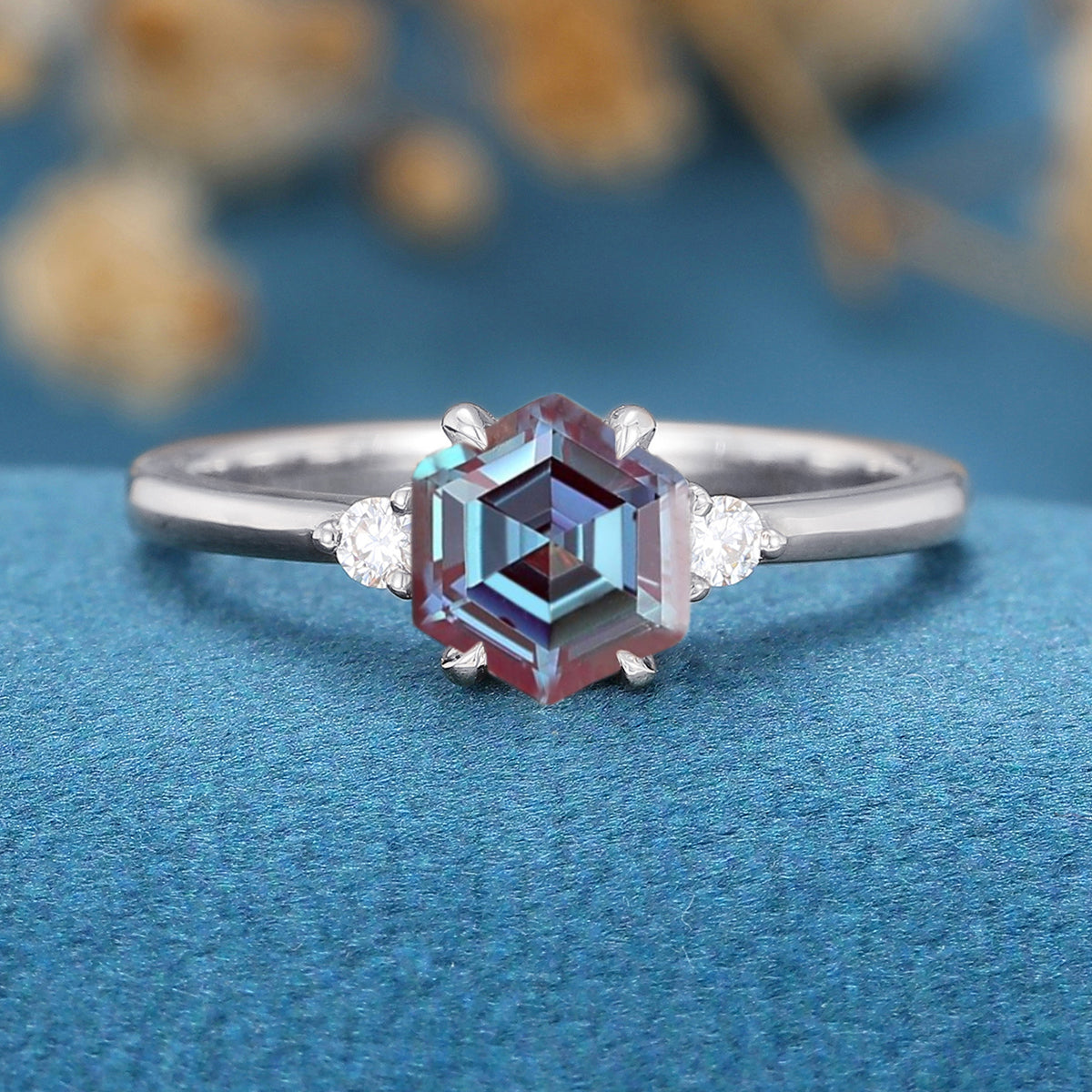 Hexagon cut Alexandrite | Diamond Engagement ring