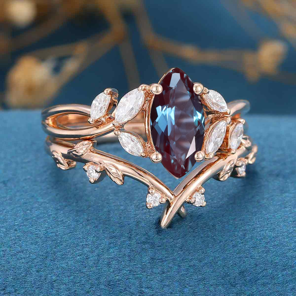 Marquise cut Alexandrite | Diamond Engagement Ring Bridal Set 