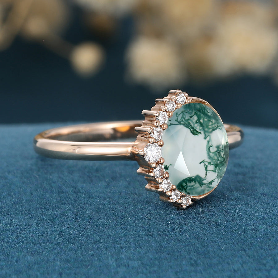 Bezel setting Oval cut Moss Agate Halo Moissanite | Diamonds Gold Engagement Ring