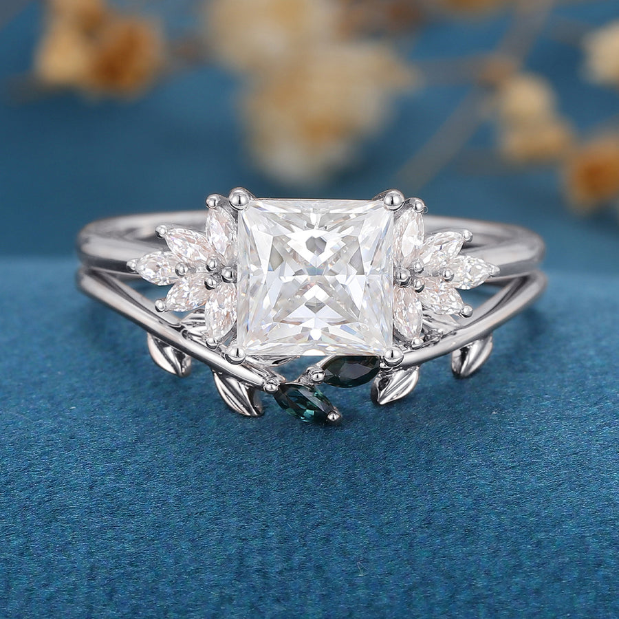 2 Carat Princess cut Moissanite cluster Engagement Ring Bridal Set
