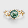 Nature Inspired Round cut Moss Agate Leaf Gold Engagement Ring